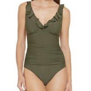 DKNY Ruffle Plunge Underwire Tummy Control One-Piece Swimsuit